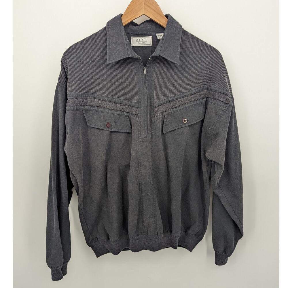 Vintage Sears Mens Half Zip Front Jacket Ribbed Shoulder Bomber Gray Size Large